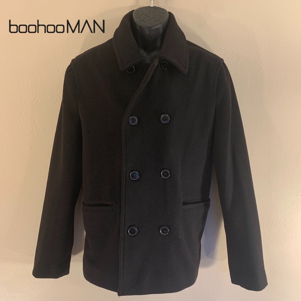 Boohoo MAN Pea Coat Small Poly fleece double breasted Fully lined Gently worn